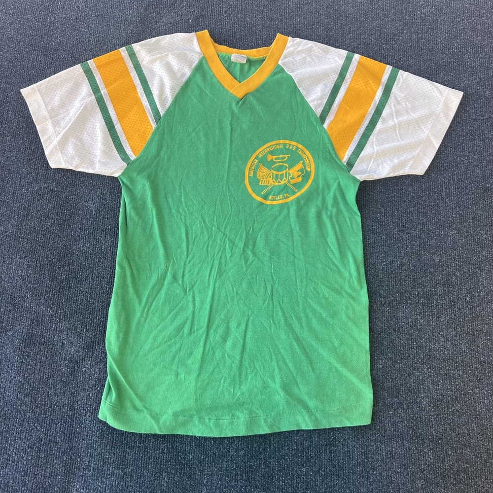Vintage Champion Shirt Mens Medium Green White Raglan Mesh V-Neck Butler PA 70s